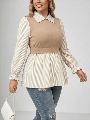 Women's Plus Size Striped Peplum Shirts Button Front Lantern Sleeve Collared 2 in 1 Work Office Blouses in Saudi Arabia