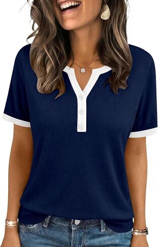 LOMON Womens Short Sleeve Sweater V Neck Lightweight Knit Spring Summer Tops Henley Button Blouses in Saudi Arabia