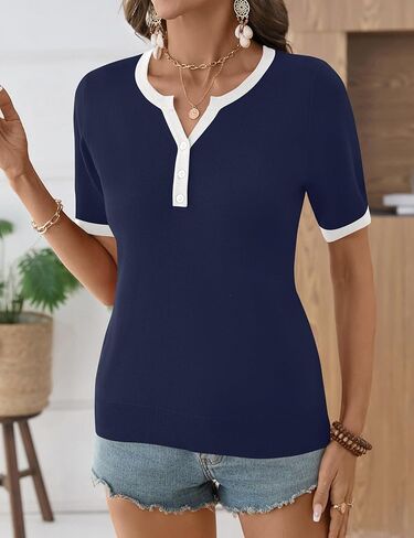 LOMON Womens Short Sleeve Sweater V Neck Lightweight Knit Spring Summer Tops Henley Button Blouses in Saudi Arabia