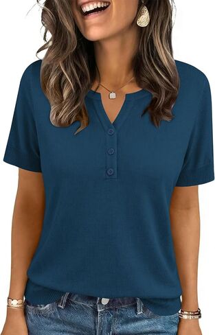 LOMON Womens Short Sleeve Sweater V Neck Lightweight Knit Spring Summer Tops Henley Button Blouses in Saudi Arabia