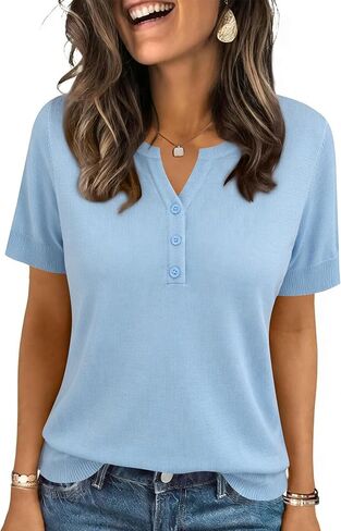 LOMON Womens Short Sleeve Sweater V Neck Lightweight Knit Spring Summer Tops Henley Button Blouses in Saudi Arabia