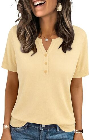 LOMON Womens Short Sleeve Sweater V Neck Lightweight Knit Spring Summer Tops Henley Button Blouses in Saudi Arabia