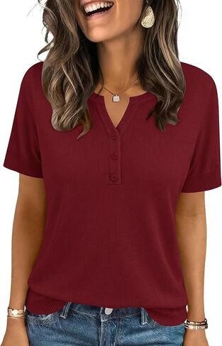 LOMON Womens Short Sleeve Sweater V Neck Lightweight Knit Spring Summer Tops Henley Button Blouses in Saudi Arabia