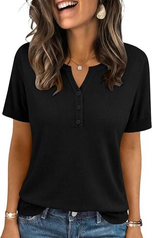 LOMON Womens Short Sleeve Sweater V Neck Lightweight Knit Spring Summer Tops Henley Button Blouses in Saudi Arabia