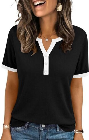 LOMON Womens Short Sleeve Sweater V Neck Lightweight Knit Spring Summer Tops Henley Button Blouses in Saudi Arabia