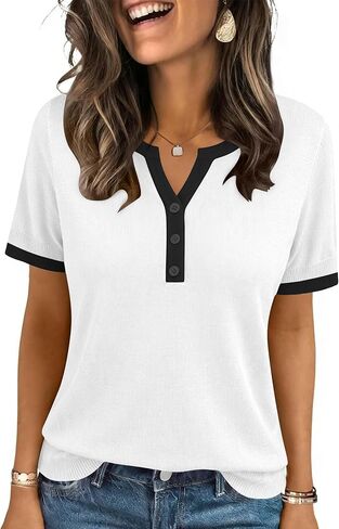 LOMON Womens Short Sleeve Sweater V Neck Lightweight Knit Spring Summer Tops Henley Button Blouses in Saudi Arabia