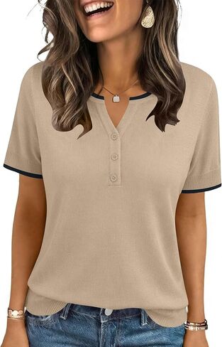 LOMON Womens Short Sleeve Sweater V Neck Lightweight Knit Spring Summer Tops Henley Button Blouses in Saudi Arabia