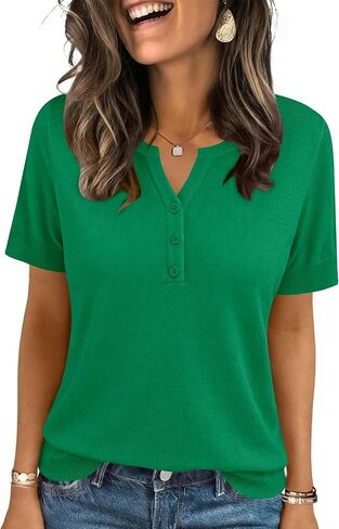 LOMON Womens Short Sleeve Sweater V Neck Lightweight Knit Spring Summer Tops Henley Button Blouses in Saudi Arabia