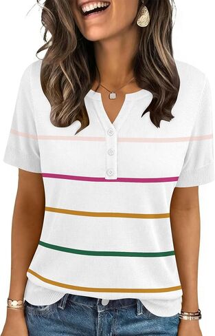 LOMON Womens Short Sleeve Sweater V Neck Lightweight Knit Spring Summer Tops Henley Button Blouses in Saudi Arabia