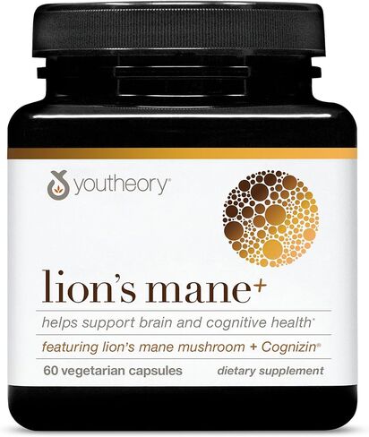 Youtheory Lion's Mane Plus - مكمل الفطر مع Cognizin - يوفر التركيز ودعم الدماغ* - 60 كبسولة نباتية in Kuwait