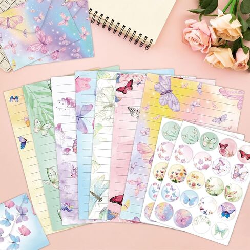 مجموعة 160 قطعة من الورق والأظرف القرطاسية ذات الألوان المائية، 50 قطعة من ورق كتابة الحروف على شكل فراشة 50 قطعة من المظاريف المتطابقة الورقية المبطنة بالزهور للحفلات واللوازم المدرسية المكتبية in Kuwait