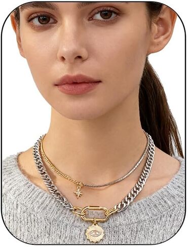 قلادة ذهبية بيان، قلادات متعددة الطبقات للنساء، مجموعة قلادة معدنية مختلطة ذات لونين مكتنزة مع قلادة ساحرة، سلسلة مكدسة بمشبك ورق، هدية مجوهرات عصرية للعملات المعدنية لهدايا عيد الميلاد in Kuwait