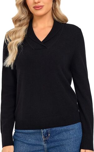 V Neck Sweaters for Women – 100% Merino Wool Shawl Collar Pullover Warm Winter Sweater Long Sleeve Jumper Knit in Saudi Arabia