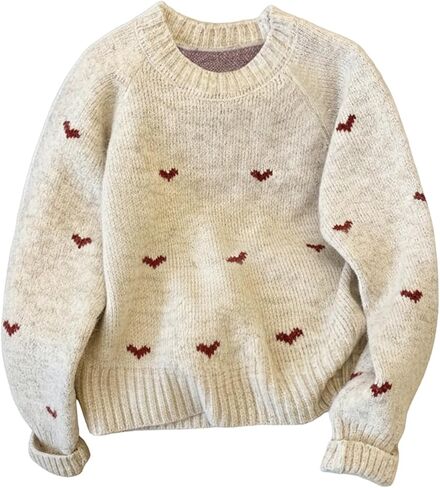 GORGLITTER Women's Heart Sweater Casual Crew Neck Long Sleeve Loose Fit Knit Sweaters Pullover Top in Saudi Arabia