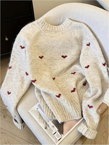 GORGLITTER Women's Heart Sweater Casual Crew Neck Long Sleeve Loose Fit Knit Sweaters Pullover Top in Saudi Arabia