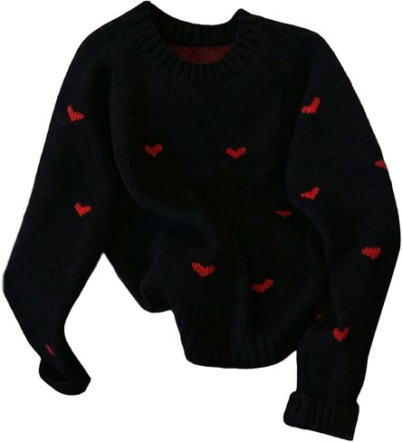 GORGLITTER Women's Heart Sweater Casual Crew Neck Long Sleeve Loose Fit Knit Sweaters Pullover Top in Saudi Arabia