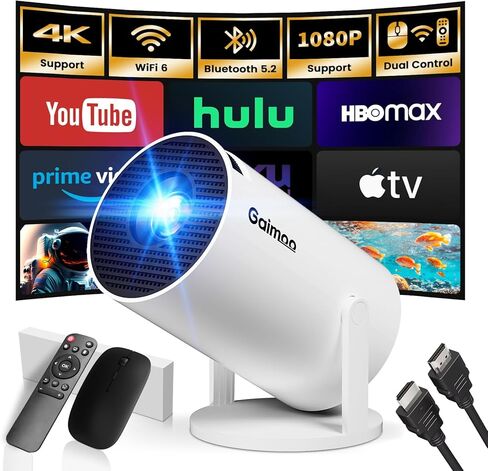 Mini Projector with WiFi and Bluetooth Built-in Apps Smart Projector Support 4K 1080P FHD 180° Adjustable Auto Keystone Compatibile with HDMI/TV Stick/Memory Stick/Laptop, White in Saudi Arabia