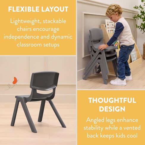 Stackable School Chairs, 12in Seat Height, Kids Furniture, Grey, 4-Pack in Kuwait