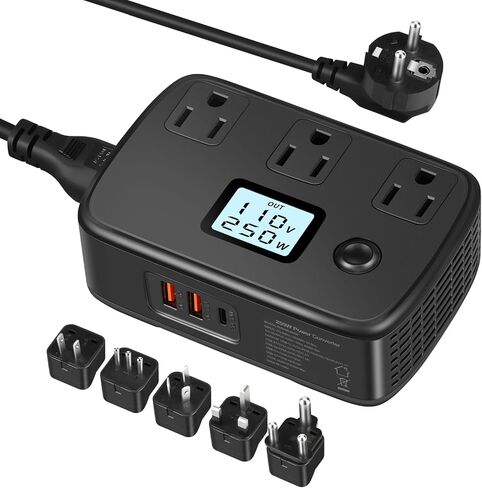 Universal Travel Adapter 220v to 110v Converter with PD30W+2 QC3.0+3 AC Outlets 250W Voltage Converter with Voltage and Wattage Display, Power Converter Adapter Combo for EU/UK/Italy/AUS/Asia/S.Africa in Kuwait