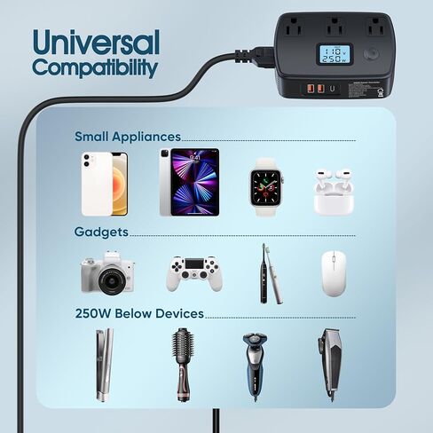 Universal Travel Adapter 220v to 110v Converter with PD30W+2 QC3.0+3 AC Outlets 250W Voltage Converter with Voltage and Wattage Display, Power Converter Adapter Combo for EU/UK/Italy/AUS/Asia/S.Africa in Kuwait