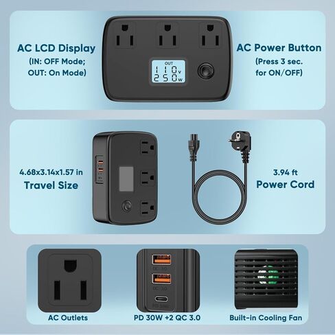 Universal Travel Adapter 220v to 110v Converter with PD30W+2 QC3.0+3 AC Outlets 250W Voltage Converter with Voltage and Wattage Display, Power Converter Adapter Combo for EU/UK/Italy/AUS/Asia/S.Africa in Kuwait