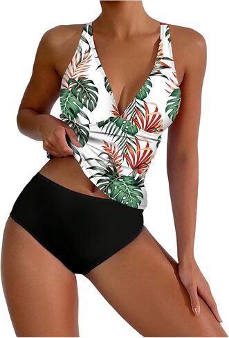 SweatyRocks Women's 2 Piece Tankini Swimsuit Tropical Print V Neck High Waisted Bathing Suit Swimwear in Saudi Arabia