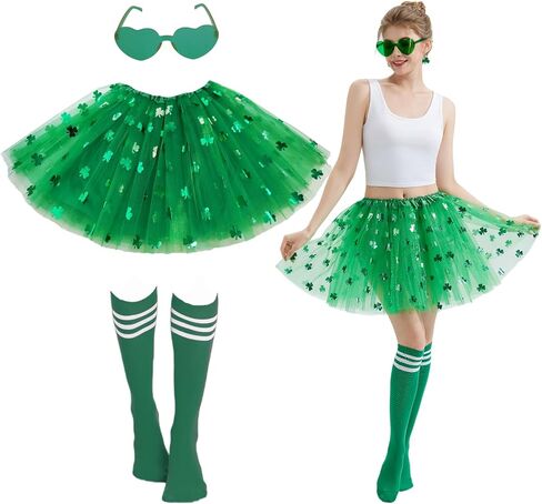 Adult Women St. Patrick’s Day Green Tutu Skirt with Scock Set Teens Shamrock Dress-Up Irish Party Clover Tutu Costumes in Kuwait