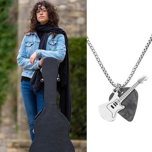 Guitar Pick Necklace for Women Men Silver Stainless Steel Music Pendant Necklace with Chain Y2K Grunge Punk Dangle Choker for Music Lovers Unique Gift for Musician Guitarist Birthday Retirement in Saudi Arabia