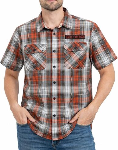 Harley-Davidson Men's Plaid Button Shirt, Block Font, Orange - 96738-25VM in Saudi Arabia