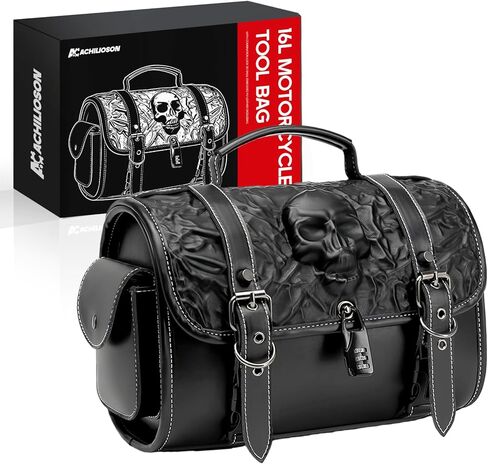 16L Motorcycle Tool Bag with Combination Lock 3D Skull Embossed PU Leather Saddlebag, Universal Waterproof Black Motorcycle Side Bags Storage Pouch for Most Motorcycles in Saudi Arabia