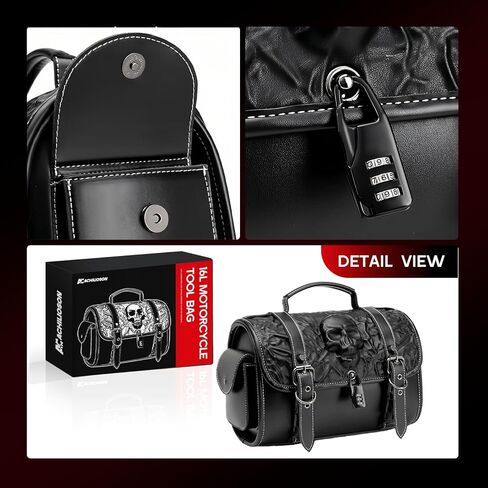 16L Motorcycle Tool Bag with Combination Lock 3D Skull Embossed PU Leather Saddlebag, Universal Waterproof Black Motorcycle Side Bags Storage Pouch for Most Motorcycles in Saudi Arabia