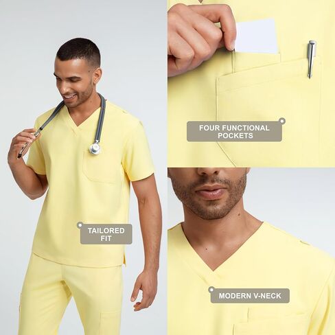 Men's Soft Stretch V-Neck Scrub Top Miles - Multi-Pocket Storage, Durable Recycled Fabric in Kuwait