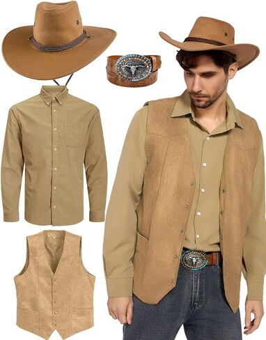 kasahara 4Pcs Mens Cowboy Costume Western Outfit for Men Cowboy Hat and Vest Western Work Shirt with Cowboy Belt Accessories in Kuwait