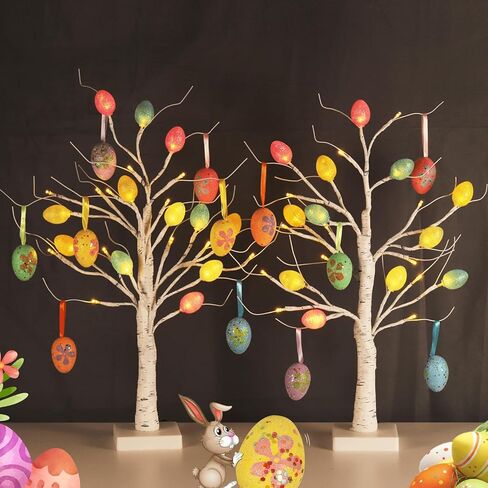 [مؤقت] أشجار عيد الفصح مقاس 60.96 سم مع أضواء، عبوتان من شجرة البتولا البيضاء مع 36 قطعة من زينة البيض، USB أو بطاريات تعمل بمؤقت، شجرة البتولا الاصطناعية لحفلات تزيين عيد الفصح in Kuwait