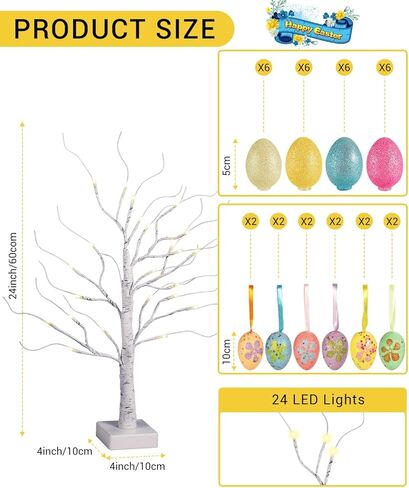 [مؤقت] أشجار عيد الفصح مقاس 60.96 سم مع أضواء، عبوتان من شجرة البتولا البيضاء مع 36 قطعة من زينة البيض، USB أو بطاريات تعمل بمؤقت، شجرة البتولا الاصطناعية لحفلات تزيين عيد الفصح in Kuwait