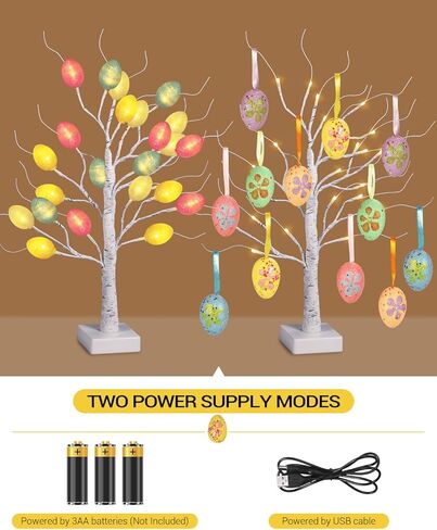 [مؤقت] أشجار عيد الفصح مقاس 60.96 سم مع أضواء، عبوتان من شجرة البتولا البيضاء مع 36 قطعة من زينة البيض، USB أو بطاريات تعمل بمؤقت، شجرة البتولا الاصطناعية لحفلات تزيين عيد الفصح in Kuwait