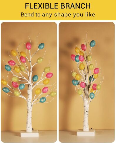 [مؤقت] أشجار عيد الفصح مقاس 60.96 سم مع أضواء، عبوتان من شجرة البتولا البيضاء مع 36 قطعة من زينة البيض، USB أو بطاريات تعمل بمؤقت، شجرة البتولا الاصطناعية لحفلات تزيين عيد الفصح in Kuwait