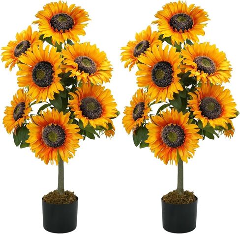 Zythrem 2 Pcs Sunflowers Artifical Tree Fake Flower Tree for Outdoors Porch 3FT Tall Faux Potted Plants Silk Sunflower Tree with Pot for Front Door Entrance Spring Summer Home Bedroom Decor in Saudi Arabia