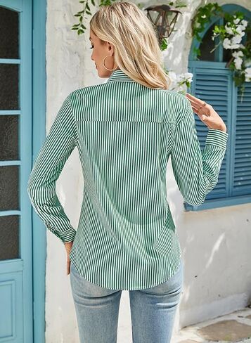 IBAOTORONI Women’s Striped Button Down Shirt Cotton Long Sleeve Collared Casual Work Stripe Blouse Tops with Pocket in Saudi Arabia