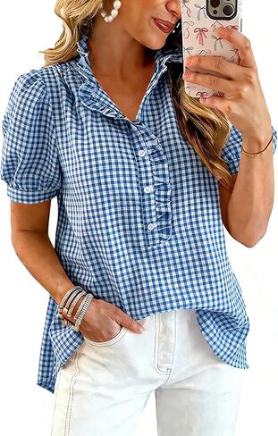utcoco Womens 2026 Puff Short Sleeve Summer Tops Striped Plaid Ruffle Button Down Shirts Business Casual Work Blouse in Saudi Arabia
