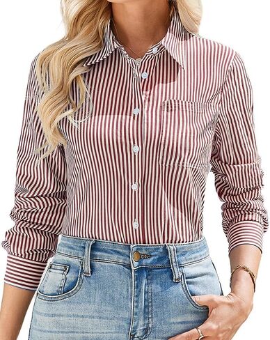 IBAOTORONI Women’s Striped Button Down Shirt Cotton Long Sleeve Collared Casual Work Stripe Blouse Tops with Pocket in Saudi Arabia