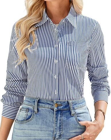 IBAOTORONI Women’s Striped Button Down Shirt Cotton Long Sleeve Collared Casual Work Stripe Blouse Tops with Pocket in Saudi Arabia