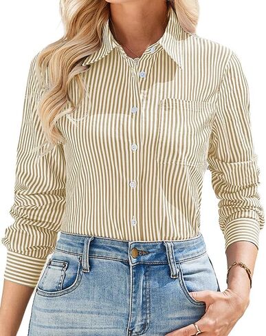 IBAOTORONI Women’s Striped Button Down Shirt Cotton Long Sleeve Collared Casual Work Stripe Blouse Tops with Pocket in Saudi Arabia