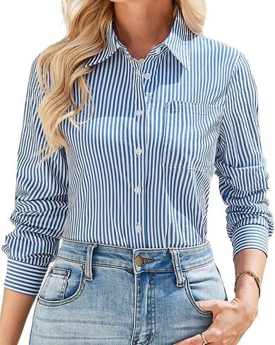 IBAOTORONI Women’s Striped Button Down Shirt Cotton Long Sleeve Collared Casual Work Stripe Blouse Tops with Pocket in Saudi Arabia