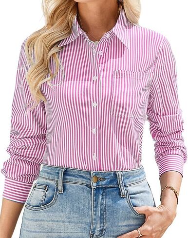 IBAOTORONI Women’s Striped Button Down Shirt Cotton Long Sleeve Collared Casual Work Stripe Blouse Tops with Pocket in Saudi Arabia