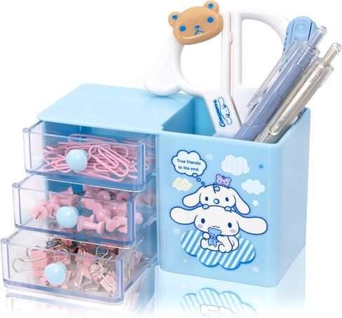 Roffatide Anime Desktop Drawer Desk Cartoon Office Supplies Container Pen Holder for Desk Cute Pencil Cup Pot Makeup Brush Holder Mini Box Blue in Kuwait