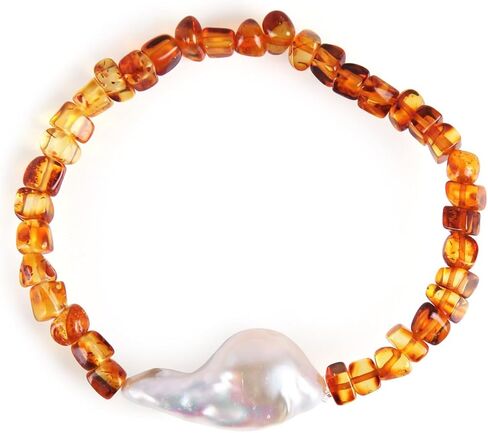 سوار من كهرمان البلطيق الطبيعي للنساء من لؤلؤ الباروك المزروع في المياه العذبة مجوهرات كهرمانية معتمدة in Kuwait