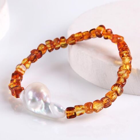 سوار من كهرمان البلطيق الطبيعي للنساء من لؤلؤ الباروك المزروع في المياه العذبة مجوهرات كهرمانية معتمدة in Kuwait