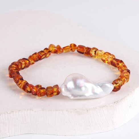 سوار من كهرمان البلطيق الطبيعي للنساء من لؤلؤ الباروك المزروع في المياه العذبة مجوهرات كهرمانية معتمدة in Kuwait