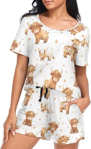 Cute Highland Cow Pajama Sets for Women Soft Short Sleeve Sleepwear, Pjs Sets, Loungewear Set 21344564 in Kuwait